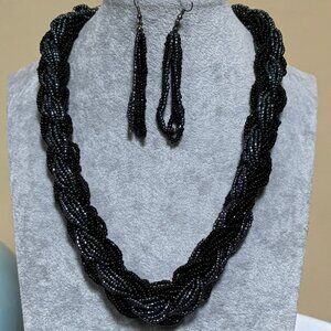 Multi Strand Black And Grey glass Seed Bead Braided Necklace Earring Set